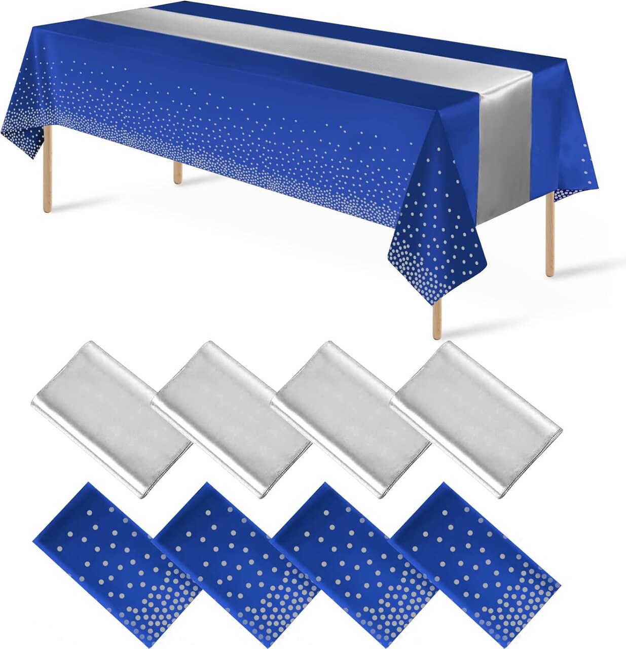 8 Pack Blue and Silver Tablecloth Set - 4 Disposable Plastic Dot Tablecloths & 4 Silver Satin Table Runners - 54" x 108" Navy & Foil Decor for Wedding, Birthday & Baby Shower